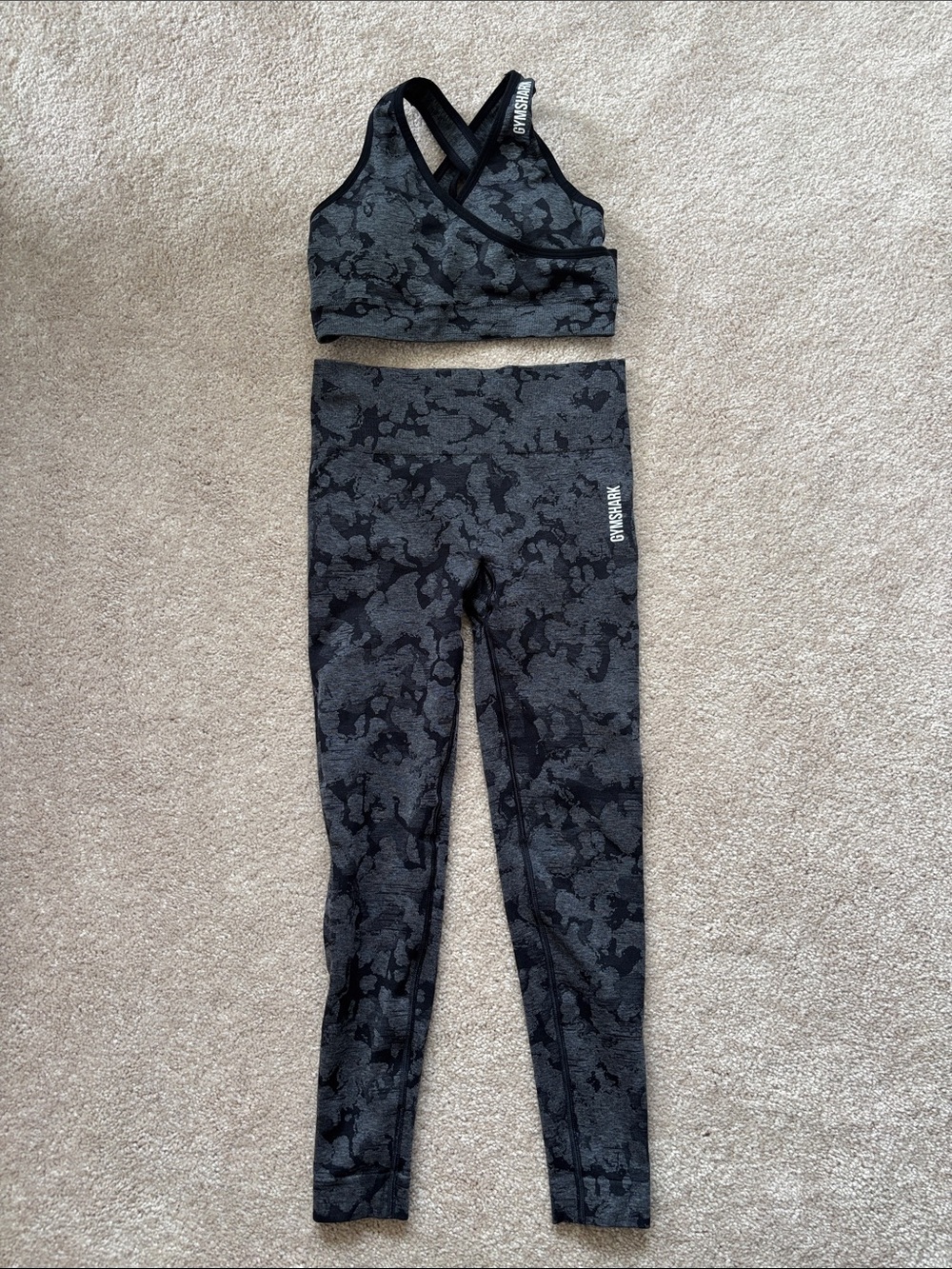 Gymshark Black & Charcoal Camo High-Waist Legging Set with Cross-Back Bra